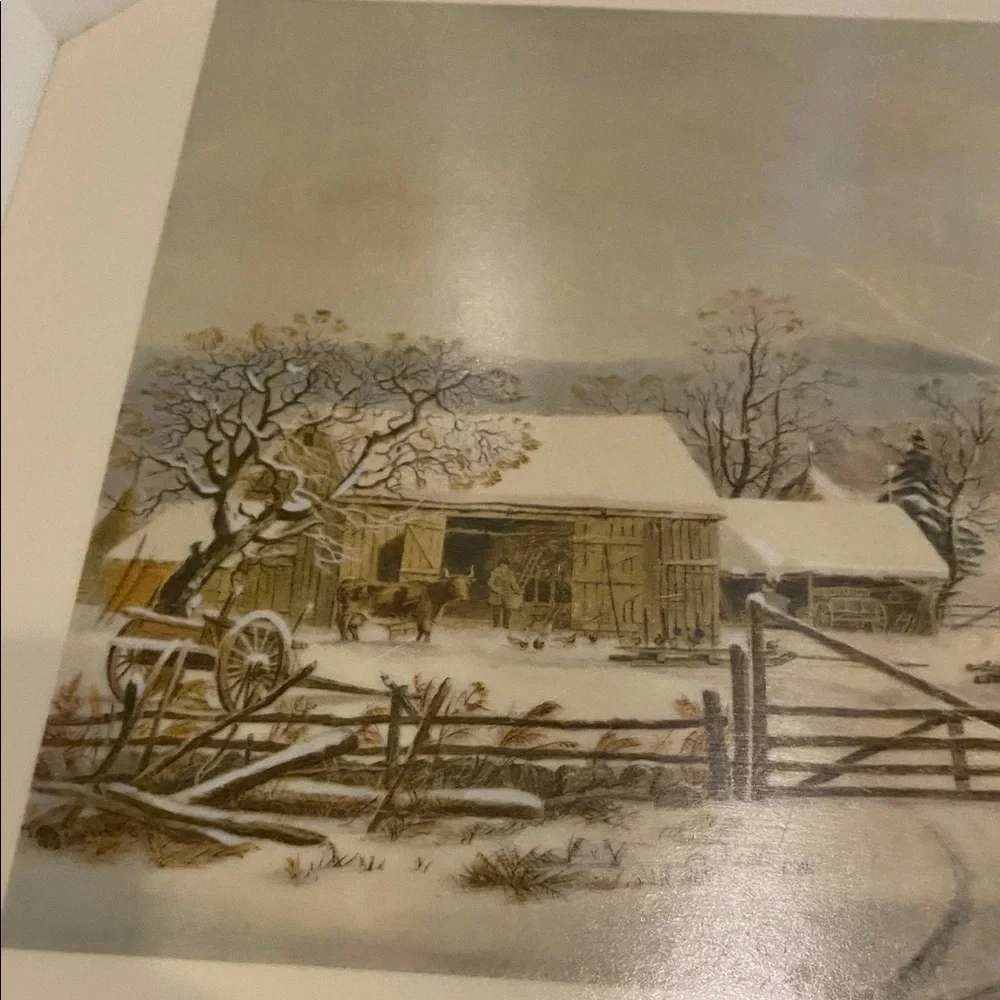Vintage Style Cream Serving Tray. New England Winter Scene.